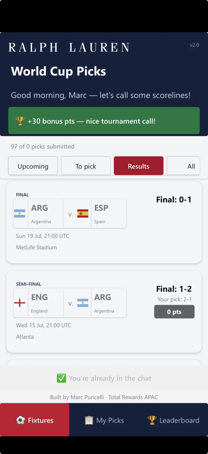 World Cup Picks Power App showing tournament results and submitted predictions